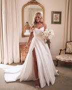 A-Line White Sleeveless Satin Wedding Dress With Side Slit - Curvevia