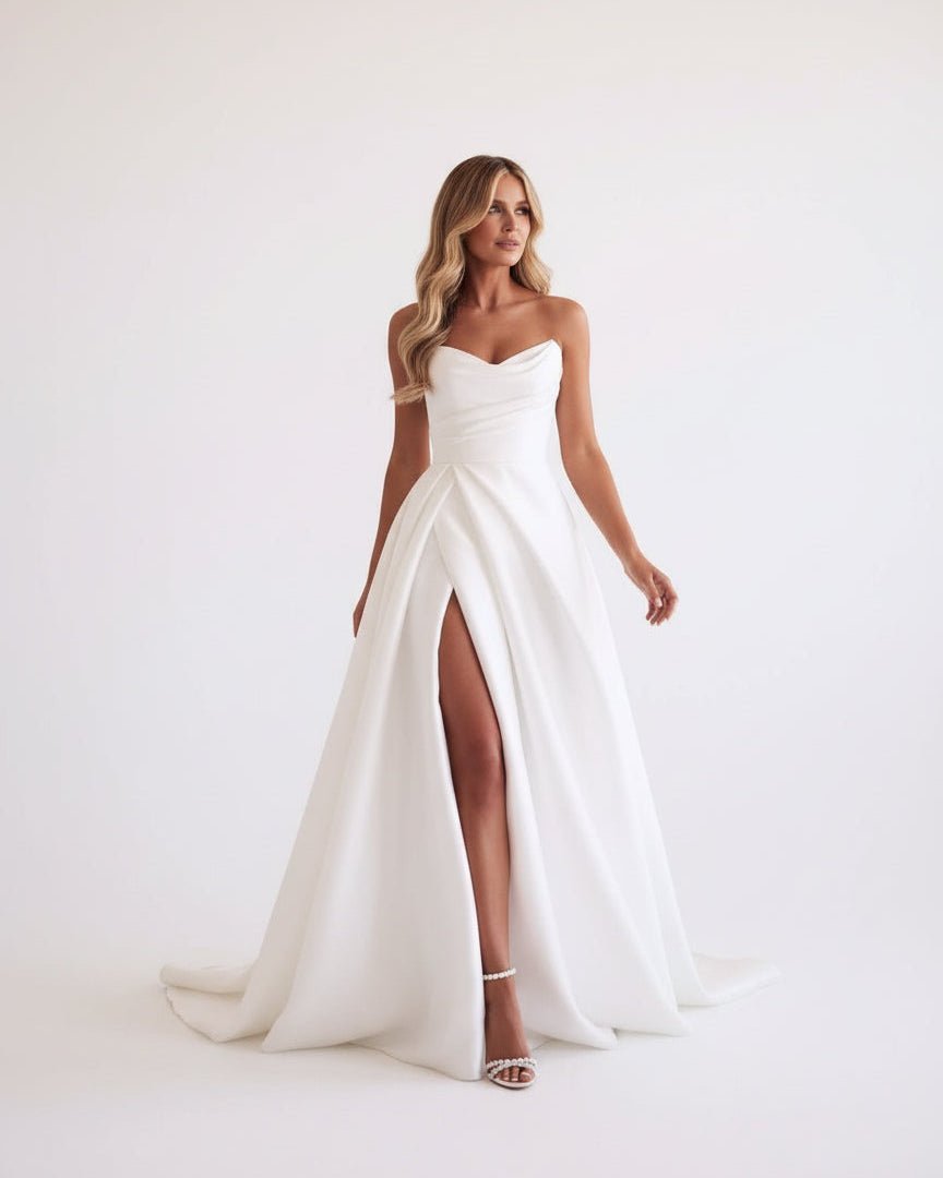 A-Line White Sleeveless Satin Wedding Dress With Side Slit - Curvevia