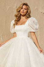 A-Line Square-Neck Short Wedding Dress With Puffy Pearls Sleeves - Curvevia
