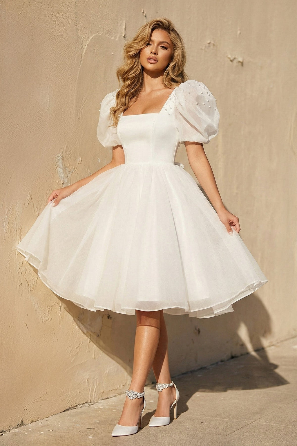 A-Line Square-Neck Short Wedding Dress With Puffy Pearls Sleeves - Curvevia