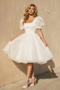 A-Line Square-Neck Short Wedding Dress With Puffy Pearls Sleeves - Curvevia