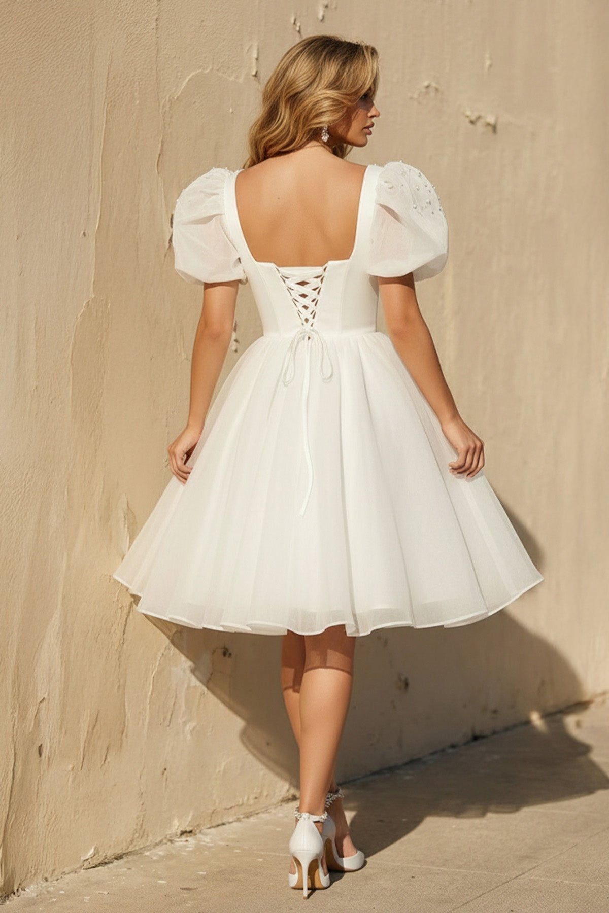 A-Line Square-Neck Short Wedding Dress With Puffy Pearls Sleeves - Curvevia