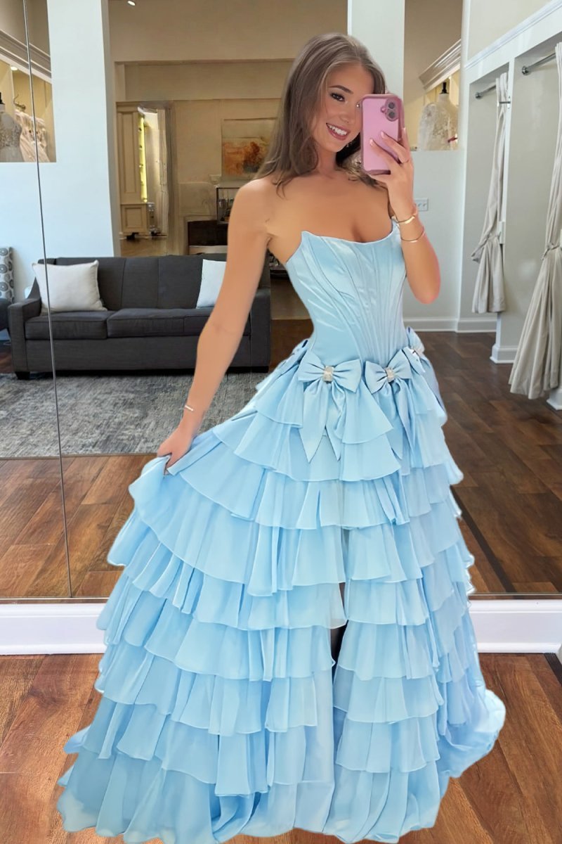 Fuchsia Strapless A Line Chiffon Tiered Wedding Guest Dress With Bowknot - Curvevia