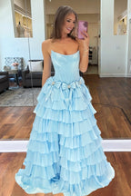 Fuchsia Strapless A Line Chiffon Tiered Wedding Guest Dress With Bowknot - Curvevia