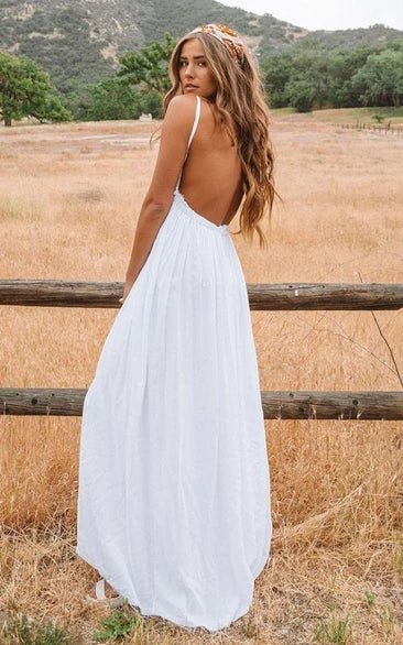 A Line Spaghetti Chiffon Lace Floor-length Sleeveless Wedding Dress - Curvevia