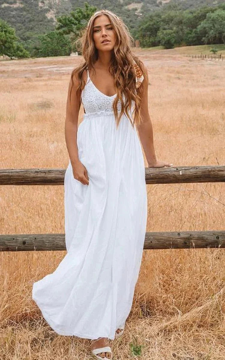 A Line Spaghetti Chiffon Lace Floor-length Sleeveless Wedding Dress - Curvevia