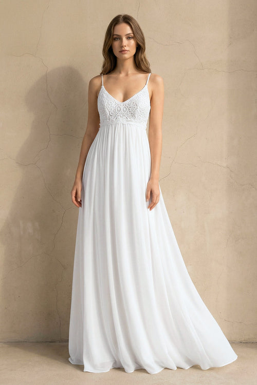 A Line Spaghetti Chiffon Lace Floor-length Sleeveless Wedding Dress - Curvevia