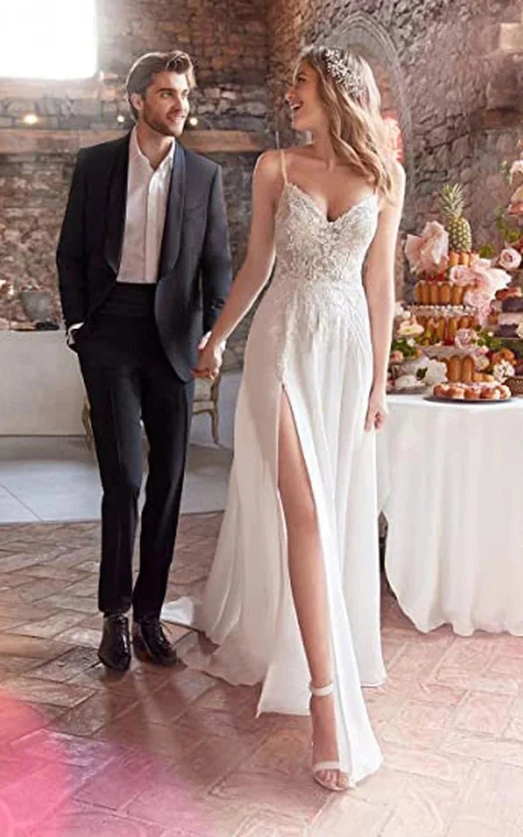 A-Line Spaghetti Chiffon Wedding Dress Simple Bohemian Elegant Summer Beach Garden With Open Back And Sleevesless And Split Front - Curvevia