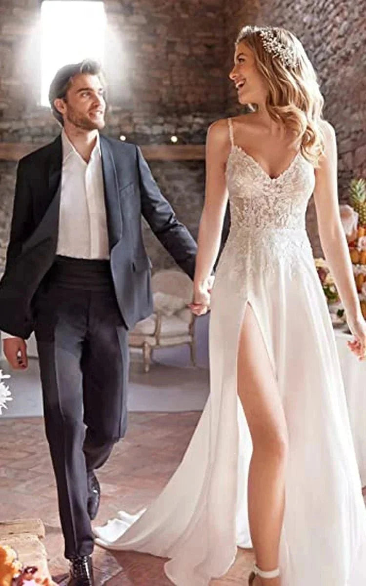 A-Line Spaghetti Chiffon Wedding Dress Simple Bohemian Elegant Summer Beach Garden With Open Back And Sleevesless And Split Front - Curvevia