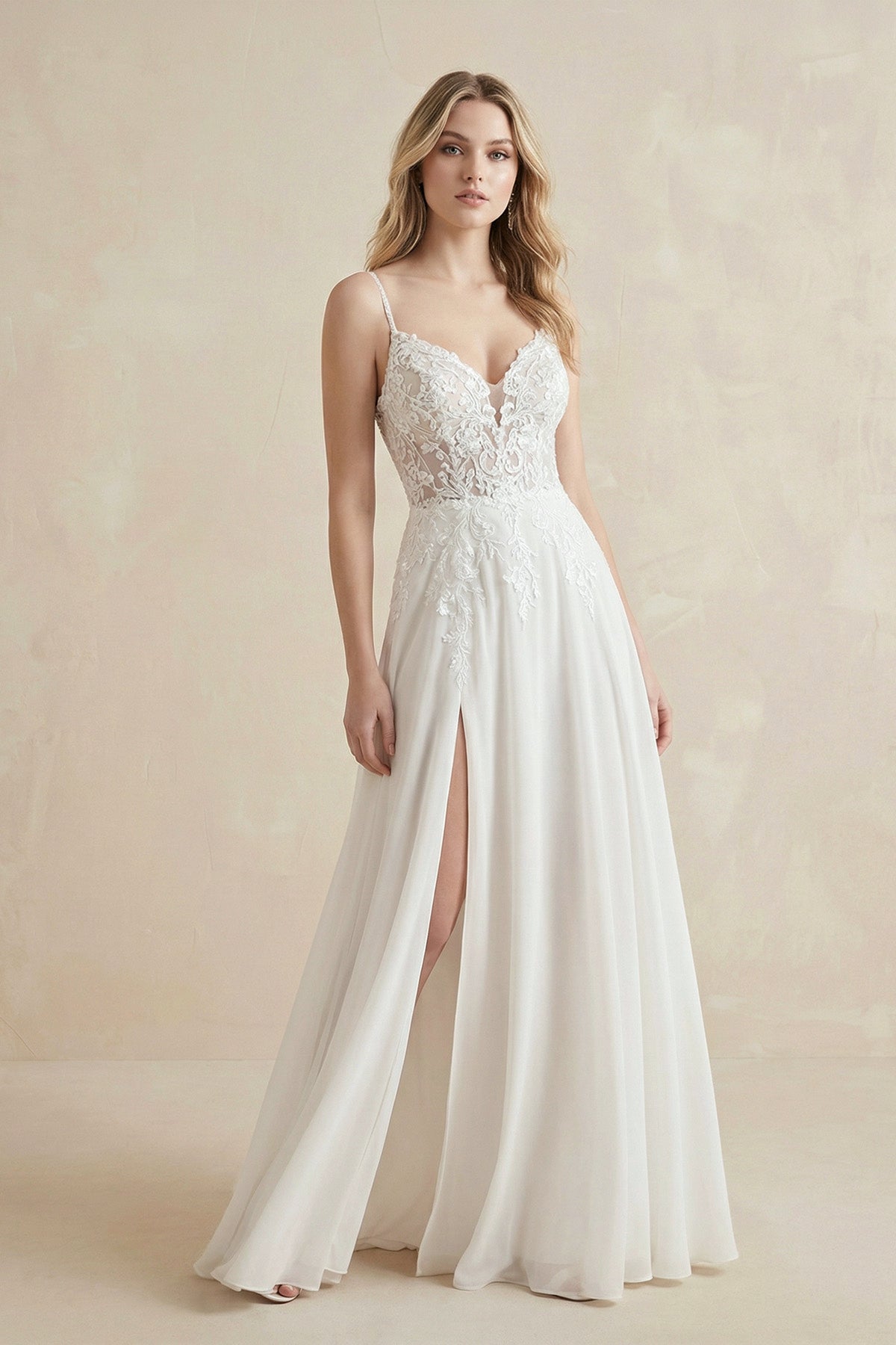 A-Line Spaghetti Chiffon Wedding Dress Simple Bohemian Elegant Summer Beach Garden With Open Back And Sleevesless And Split Front - Curvevia