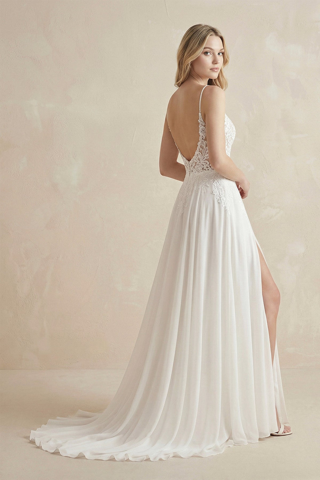 A-Line Spaghetti Chiffon Wedding Dress Simple Bohemian Elegant Summer Beach Garden With Open Back And Sleevesless And Split Front - Curvevia