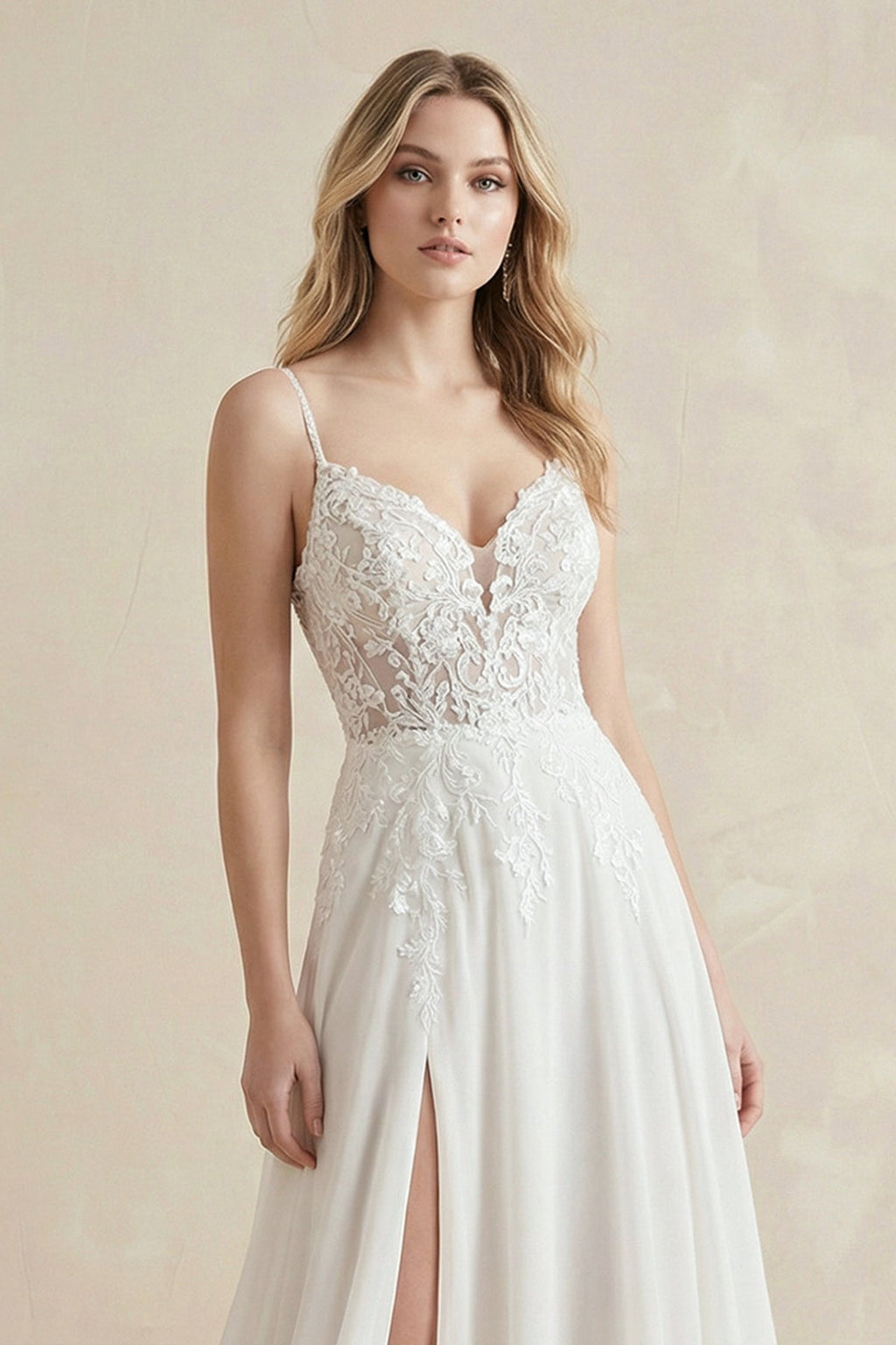 A-Line Spaghetti Chiffon Wedding Dress Simple Bohemian Elegant Summer Beach Garden With Open Back And Sleevesless And Split Front - Curvevia