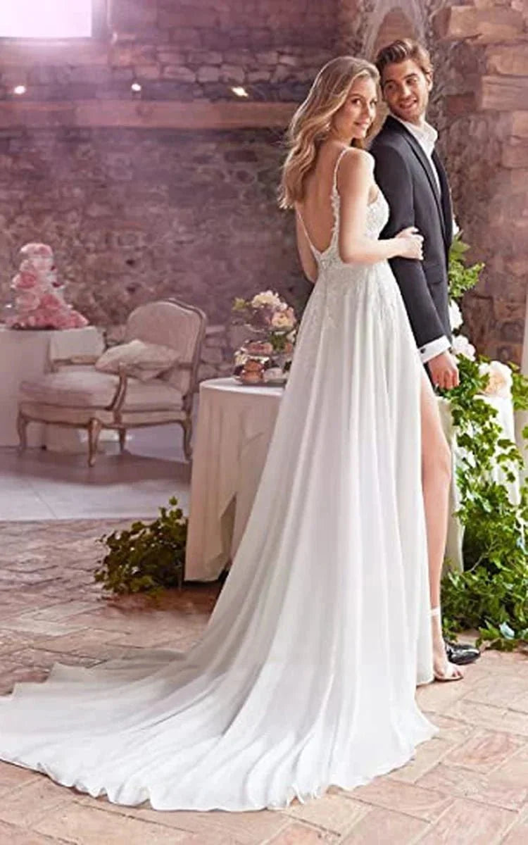 A-Line Spaghetti Chiffon Wedding Dress Simple Bohemian Elegant Summer Beach Garden With Open Back And Sleevesless And Split Front - Curvevia