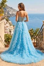 A Line Spaghetti Straps Corset Ruffled Prom Dress - Curvevia