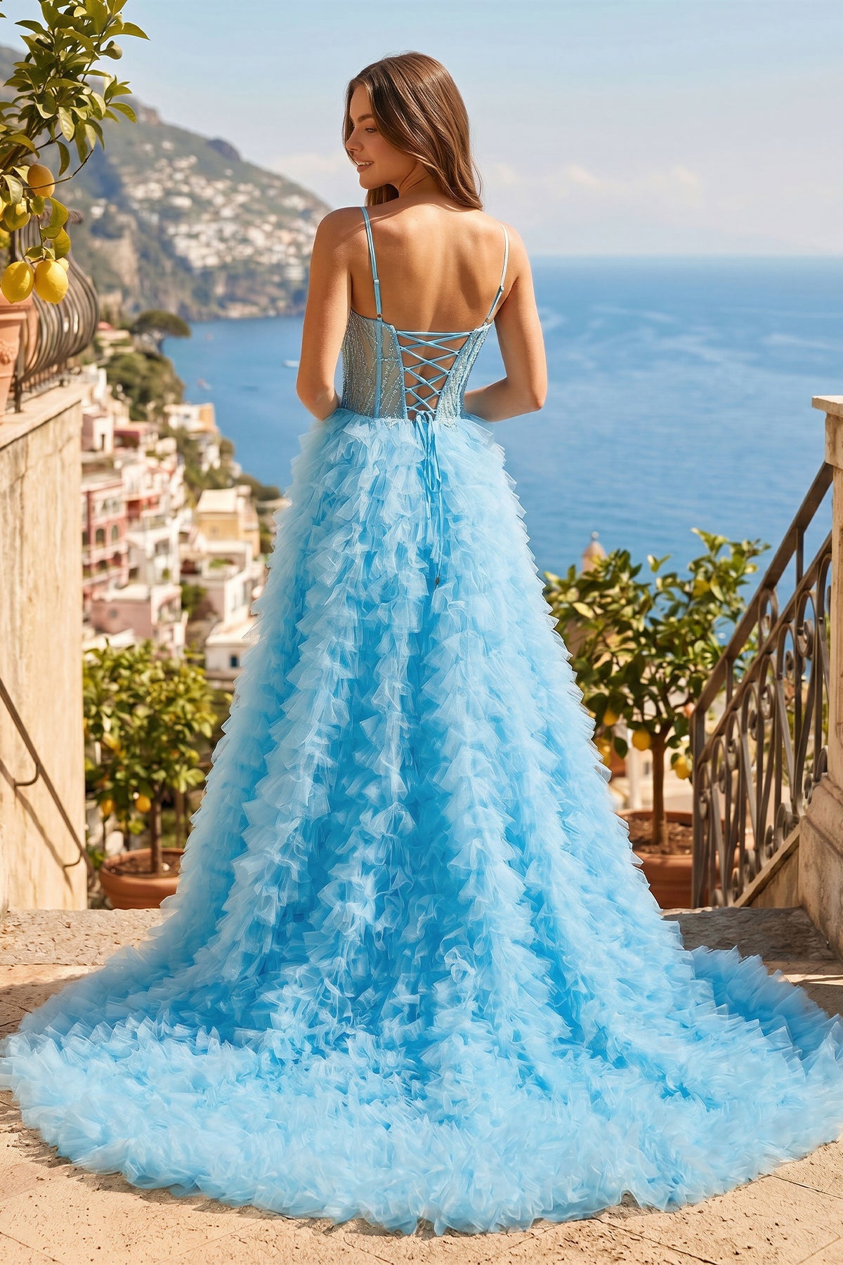 A Line Spaghetti Straps Corset Ruffled Prom Dress - Curvevia