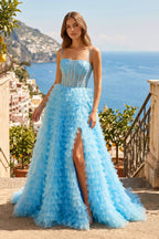 A Line Spaghetti Straps Corset Ruffled Prom Dress - Curvevia