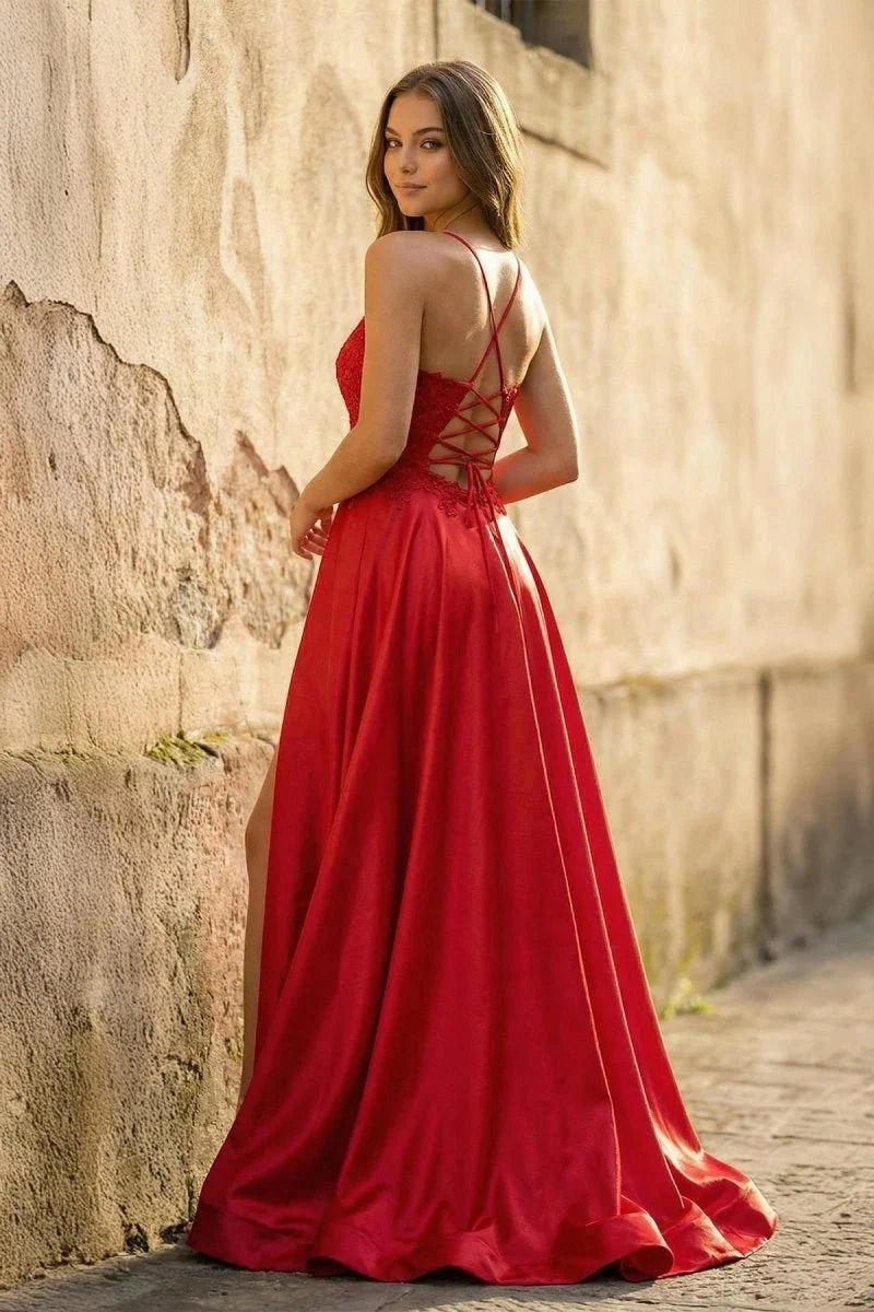 A-line Spaghetti Straps Corset Back Evening Dress With Split - Curvevia