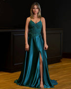 A-line Spaghetti Straps Corset Back Evening Dress With Split - Curvevia