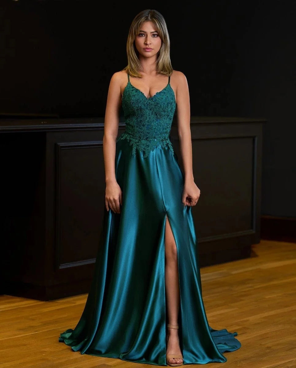A-line Spaghetti Straps Corset Back Evening Dress With Split - Curvevia