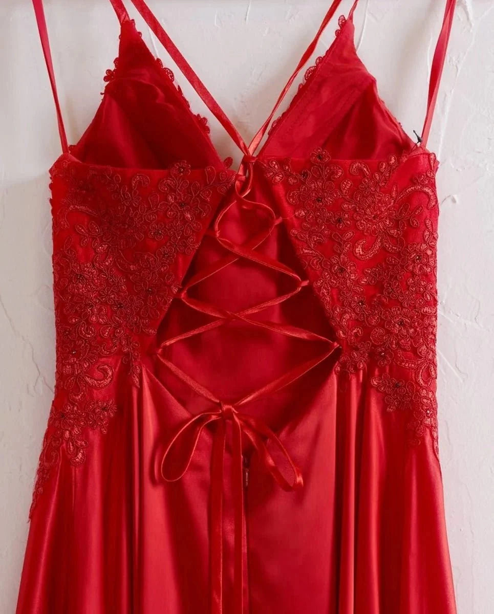 A-line Spaghetti Straps Corset Back Evening Dress With Split - Curvevia