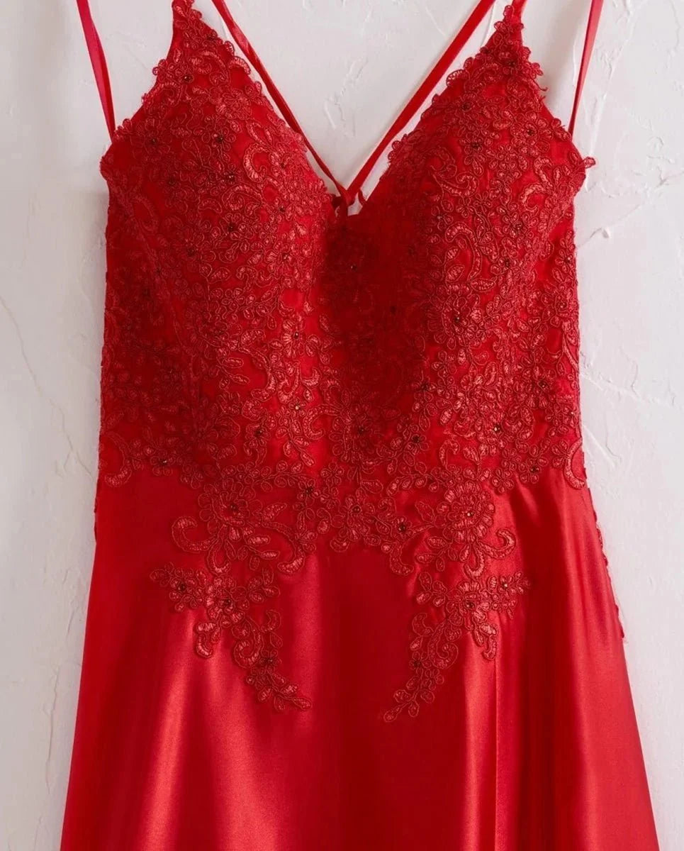 A-line Spaghetti Straps Corset Back Evening Dress With Split - Curvevia