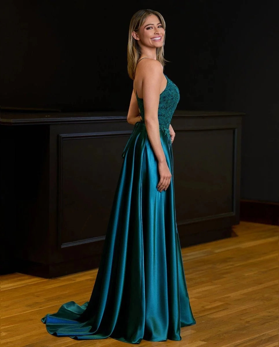 A-line Spaghetti Straps Corset Back Evening Dress With Split - Curvevia