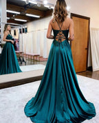 A-line Spaghetti Straps Corset Back Evening Dress With Split - Curvevia