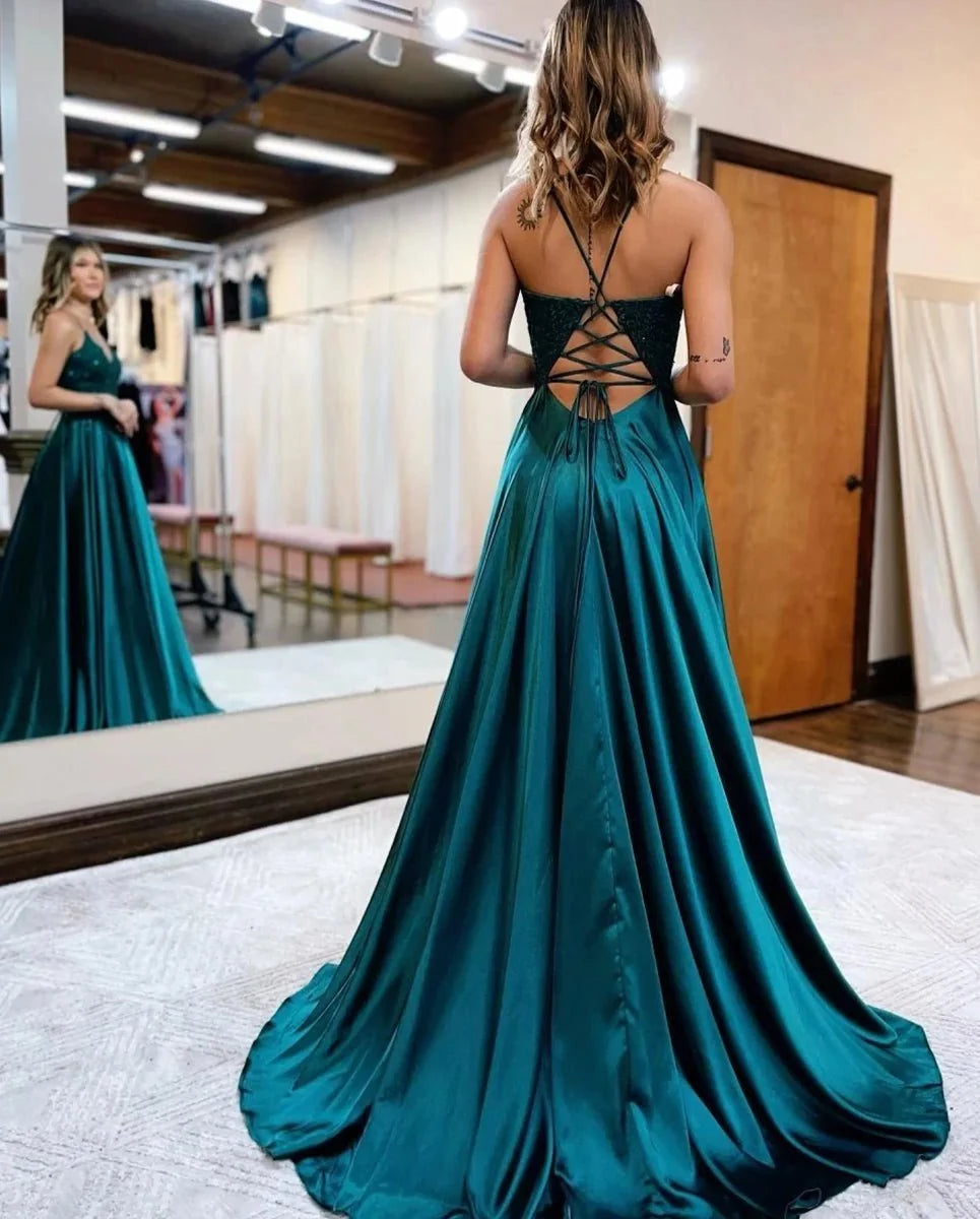 A-line Spaghetti Straps Corset Back Evening Dress With Split - Curvevia