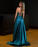 A-line Spaghetti Straps Corset Back Evening Dress With Split - Curvevia
