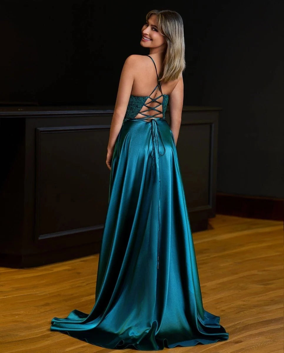 A-line Spaghetti Straps Corset Back Evening Dress With Split - Curvevia