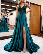 A-line Spaghetti Straps Corset Back Evening Dress With Split - Curvevia