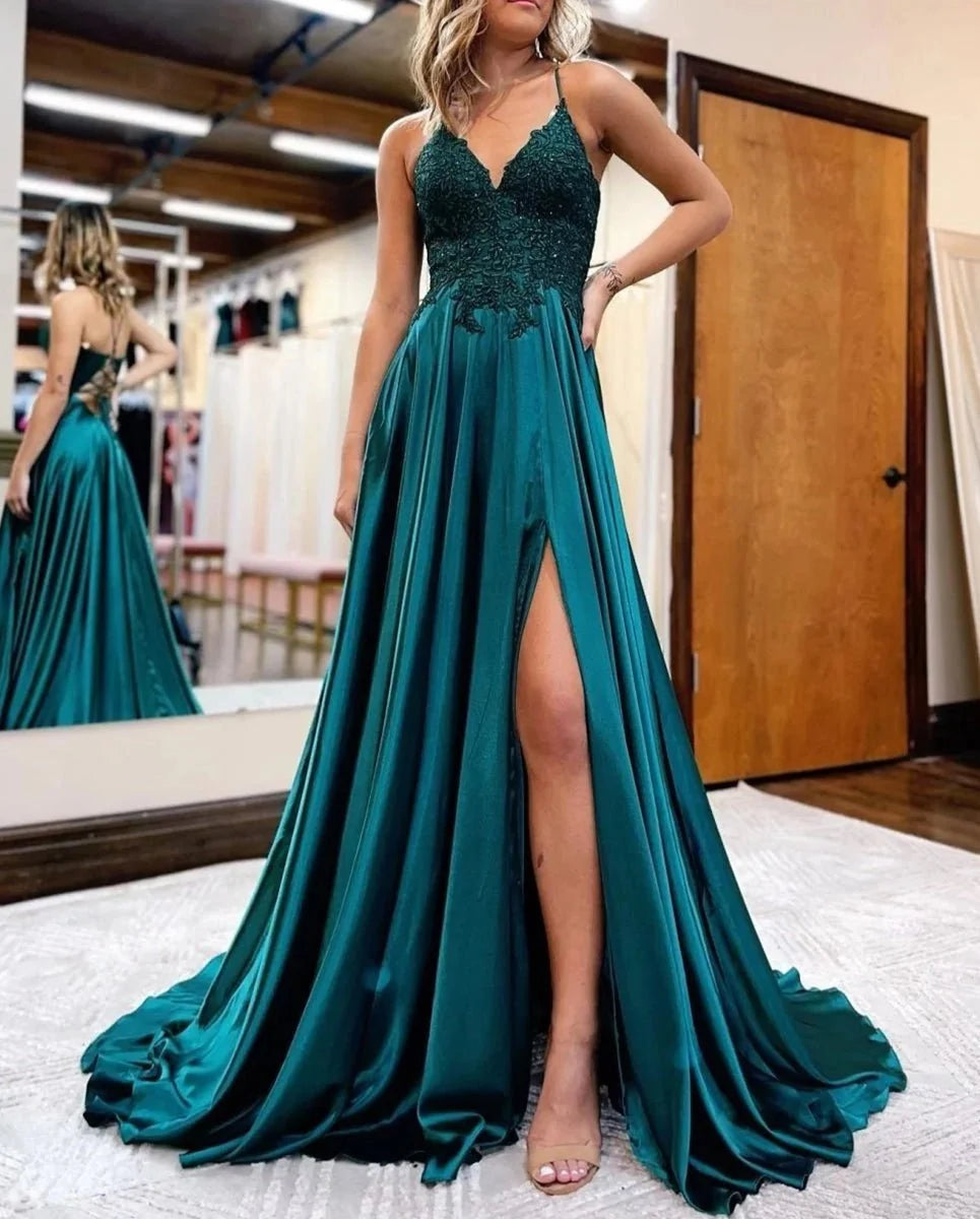 A-line Spaghetti Straps Corset Back Evening Dress With Split - Curvevia