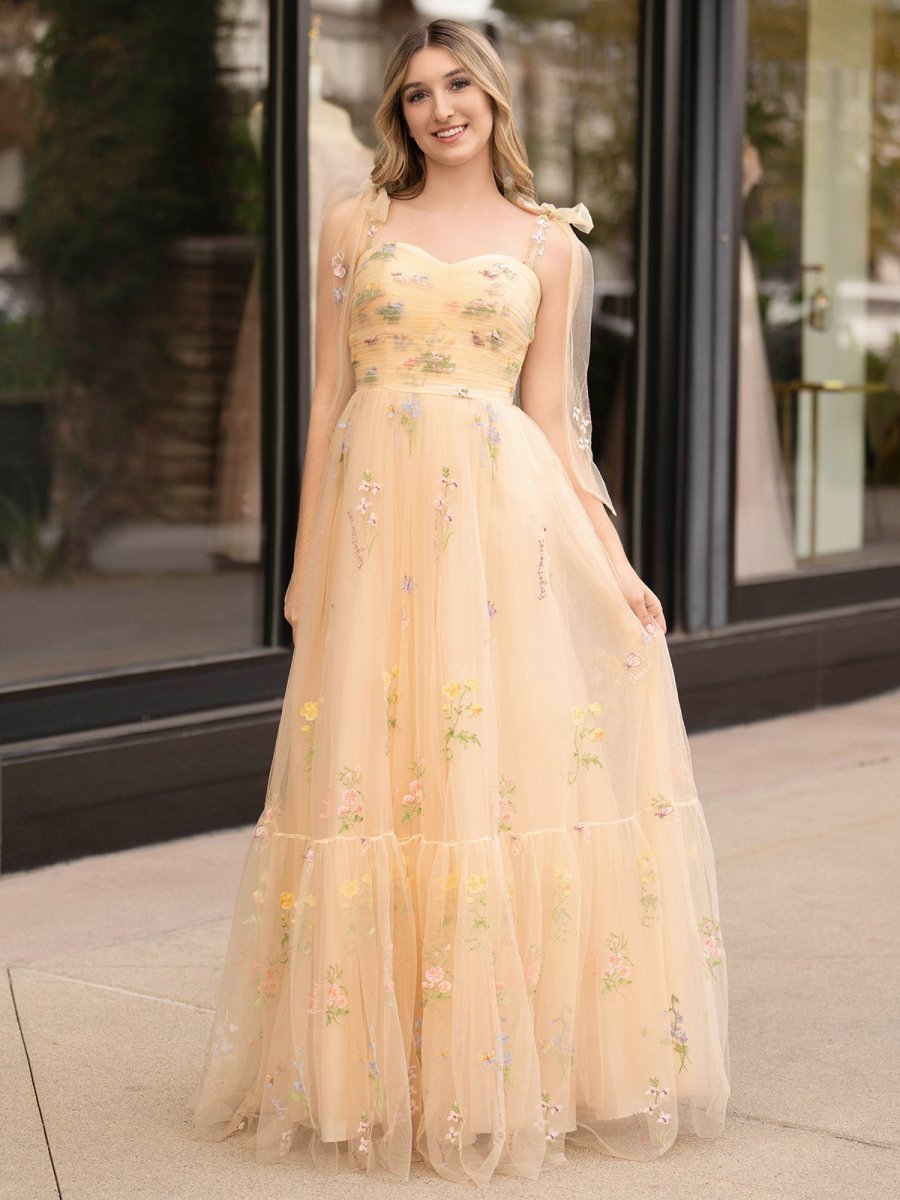 A Line Sweetheart Long Wedding Guest Dress with Embroidery - Curvevia