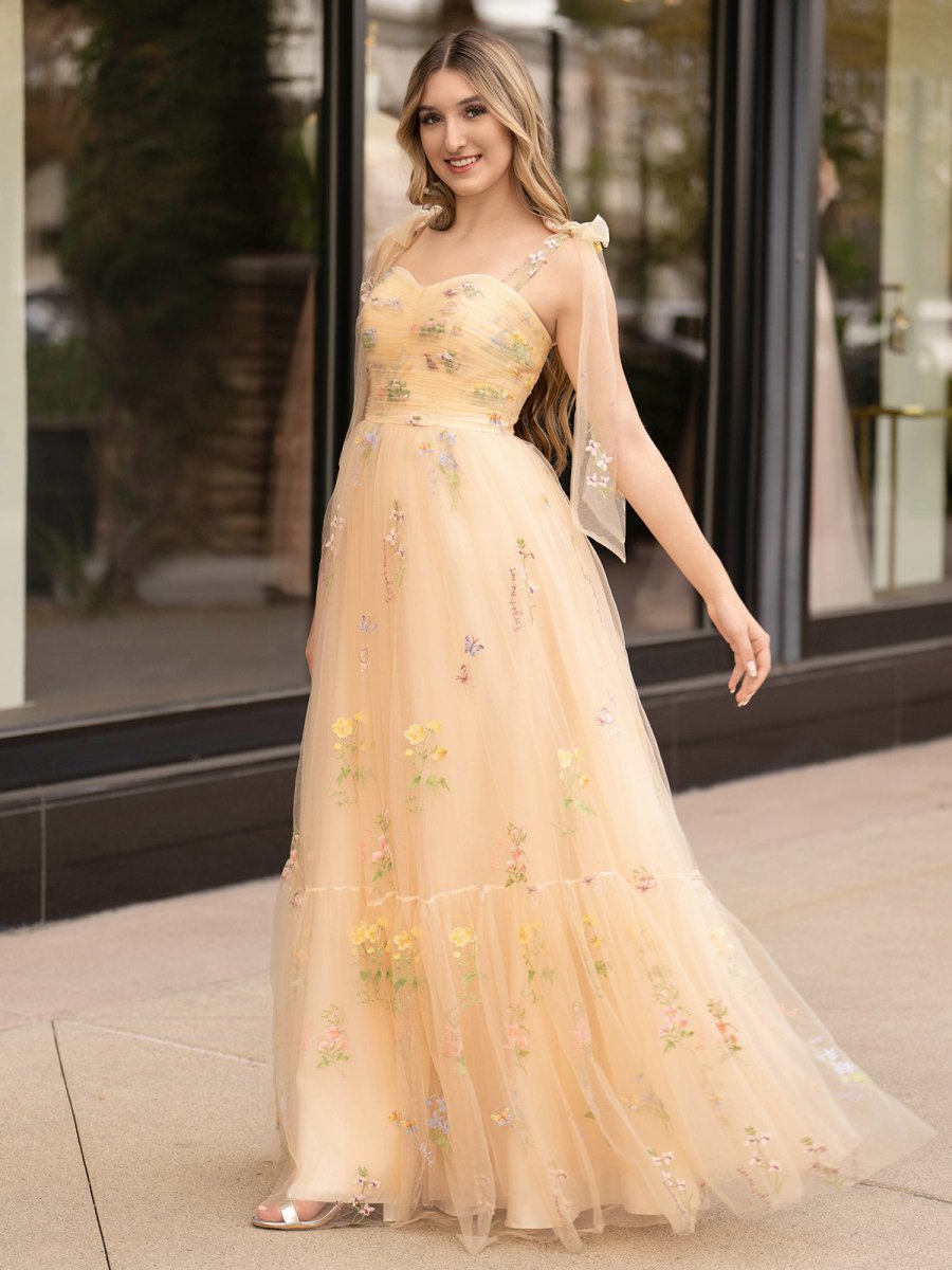 A Line Sweetheart Long Wedding Guest Dress with Embroidery - Curvevia