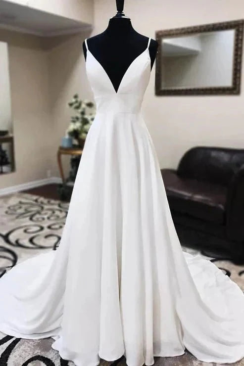 A-line Spaghetti Straps Lace Appliques Simple Wedding Dress - Curvevia