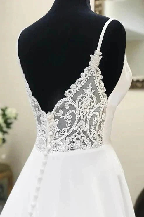 A-line Spaghetti Straps Lace Appliques Simple Wedding Dress - Curvevia