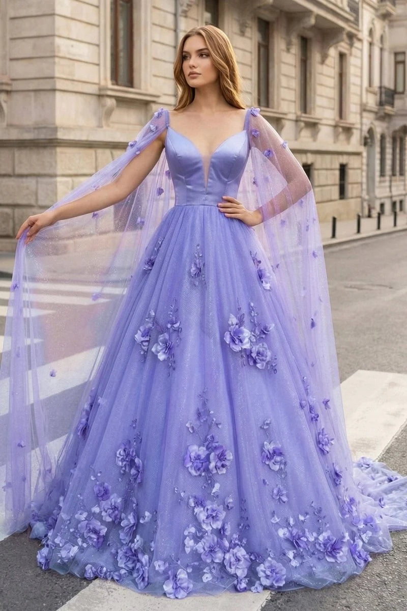 Lavender 3D Floral Lace A-Line Mother of the Bride Dress with Cape Sleeves - Curvevia