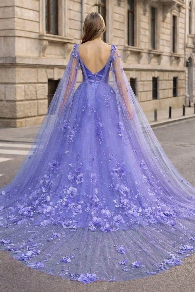Lavender 3D Floral Lace A-Line Mother of the Bride Dress with Cape Sleeves - Curvevia