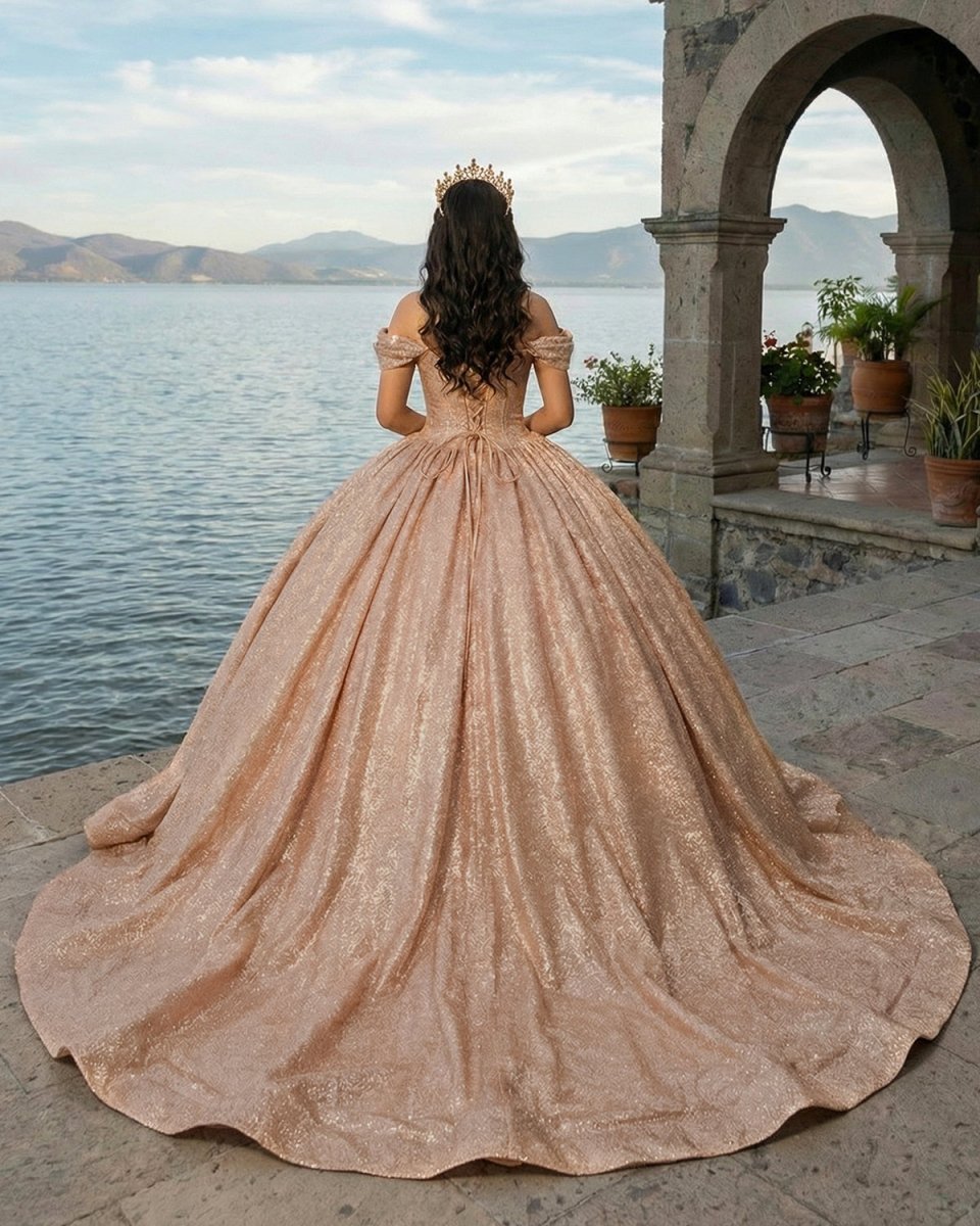 Champagne Sparkle Ball Gown Off-the-Shoulder Short Sleeves Quinceanera Dress - Curvevia