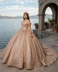 Champagne Sparkle Ball Gown Off-the-Shoulder Short Sleeves Quinceanera Dress - Curvevia