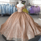 Champagne Sparkle Ball Gown Off-the-Shoulder Short Sleeves Quinceanera Dress - Curvevia