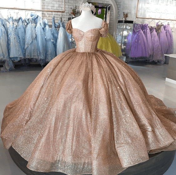 Champagne Sparkle Ball Gown Off-the-Shoulder Short Sleeves Quinceanera Dress - Curvevia