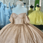 Champagne Sparkle Ball Gown Off-the-Shoulder Short Sleeves Quinceanera Dress - Curvevia