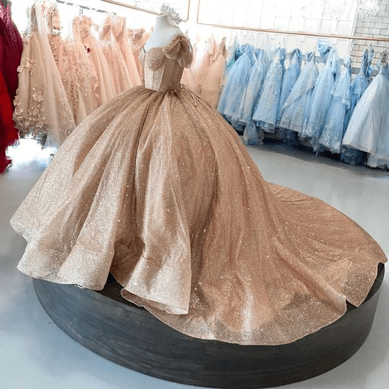 Champagne Sparkle Ball Gown Off-the-Shoulder Short Sleeves Quinceanera Dress - Curvevia