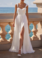 A-Line Square Neckline Sleeveless Chiffon Wedding Dresses With High Split - Curvevia