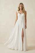 A-Line Square Neckline Sleeveless Chiffon Wedding Dresses With High Split - Curvevia