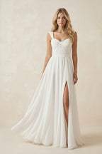 A-Line Square Neckline Sleeveless Chiffon Wedding Dresses With High Split - Curvevia