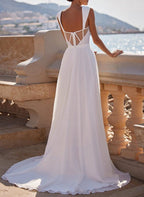 A-Line Square Neckline Sleeveless Chiffon Wedding Dresses With High Split - Curvevia