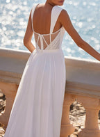 A-Line Square Neckline Sleeveless Chiffon Wedding Dresses With High Split - Curvevia