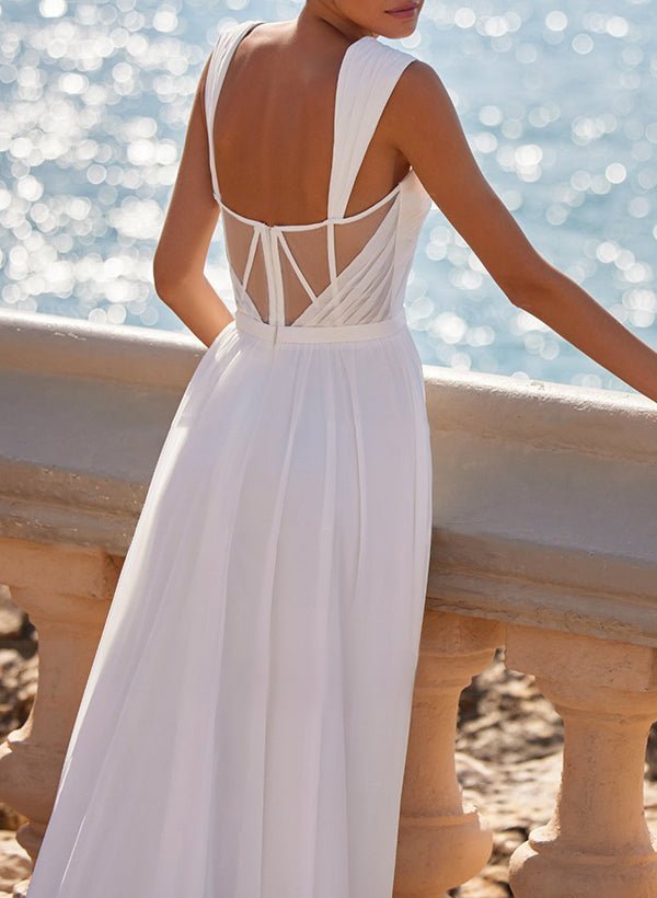 A-Line Square Neckline Sleeveless Chiffon Wedding Dresses With High Split - Curvevia